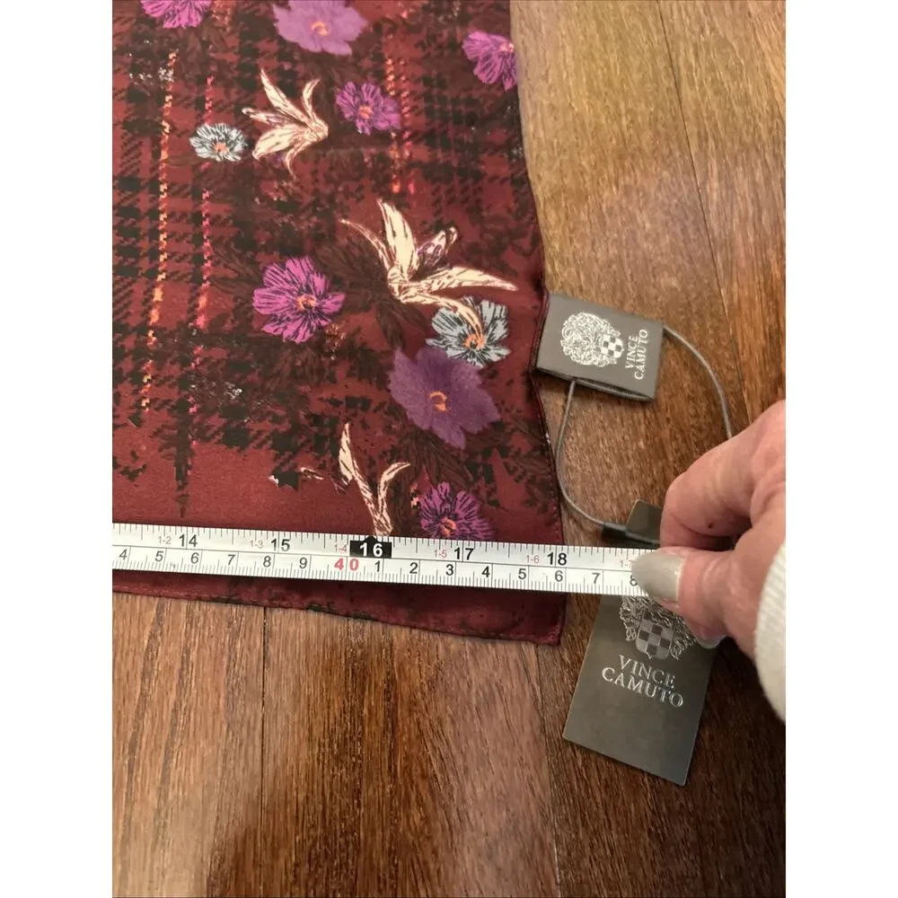 NWT Vince Camuto Oblong Scarf Red‎ Floral Plaid Pattern Satin Fabric 36x72”